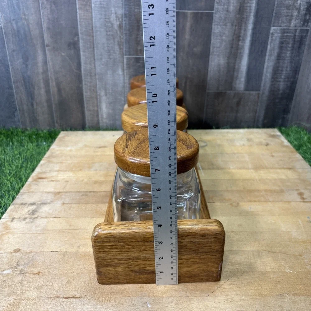 Vintage 1970s Anchor Hocking Glass Canister Set 4 Wood Lids Rack Kitchen